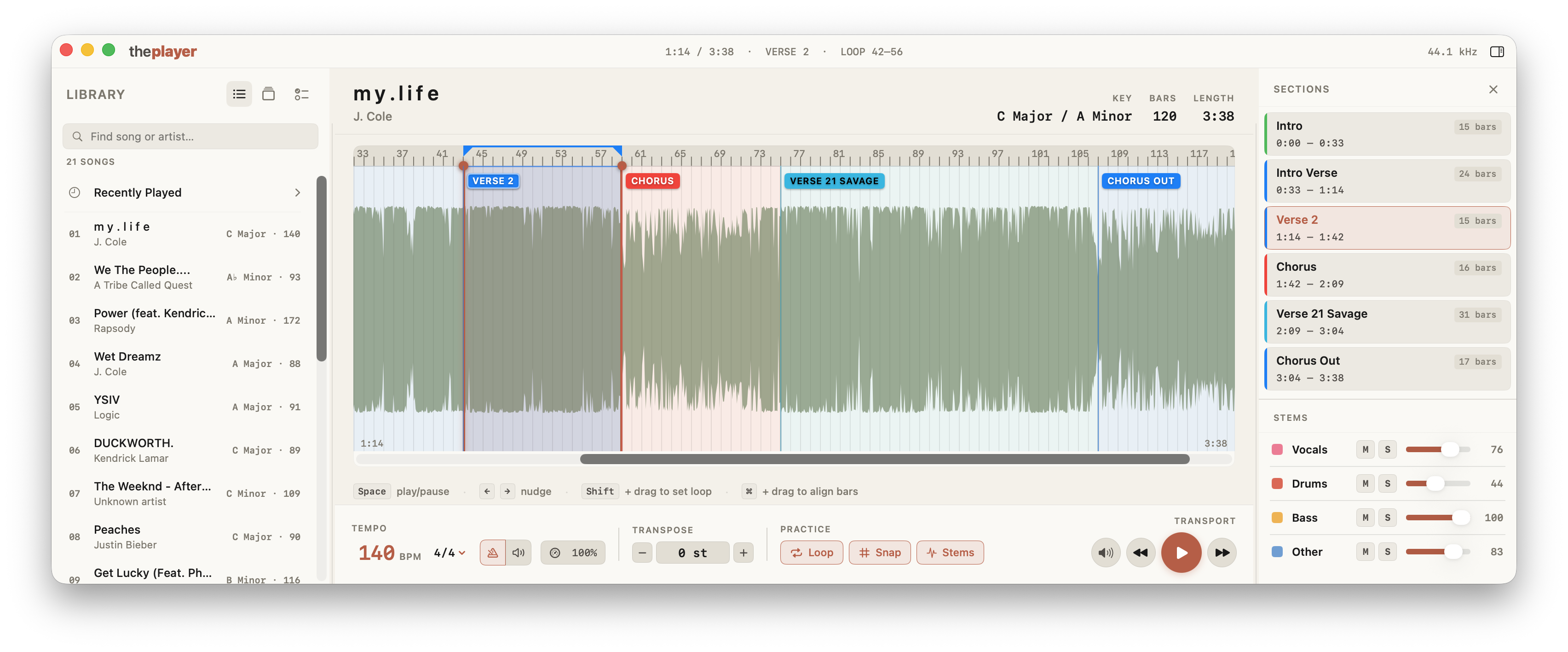 thePlayer main window — waveform with verse / chorus sections, the song library on the left, stems on the right.